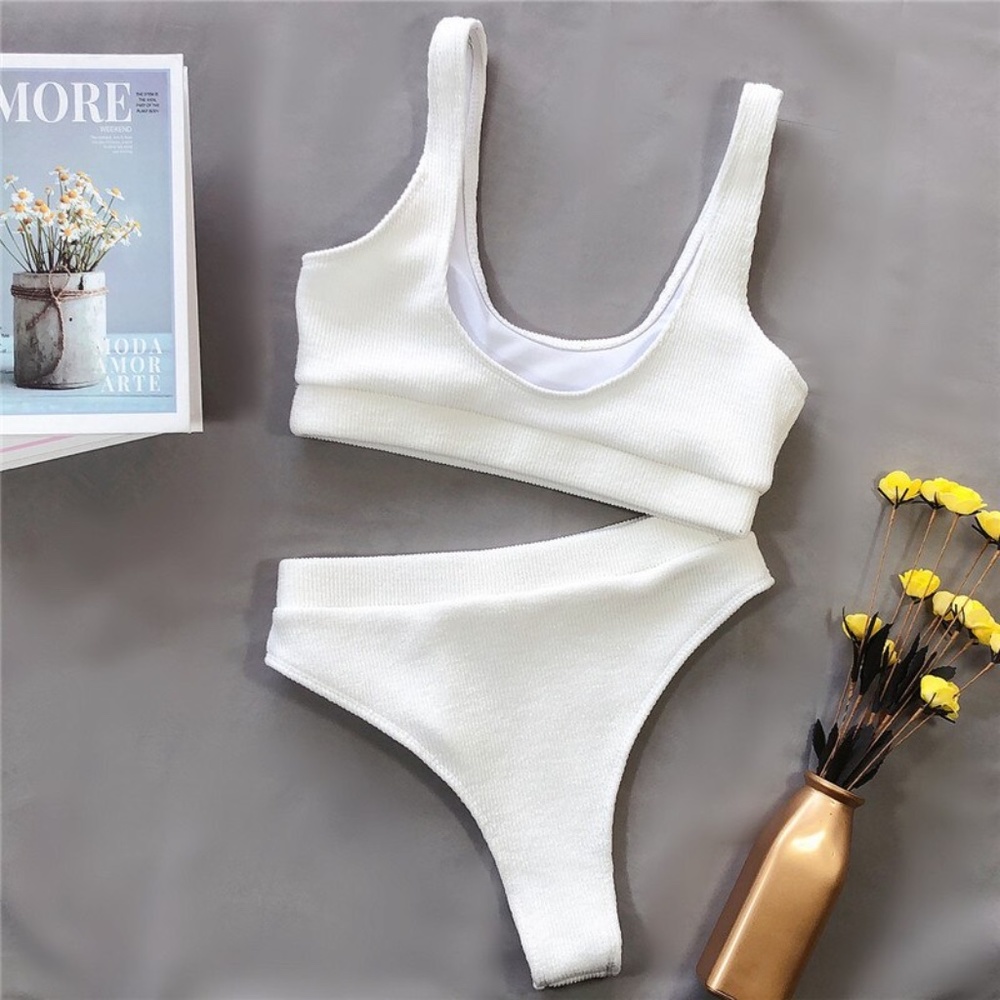 White Rib Knit High Waist 2 Piece Bikini Set - Picture 8 of 16